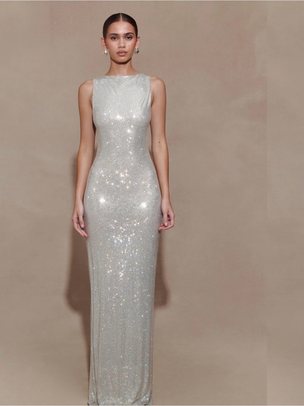 Meshki Silver Sequin Sleeveless Column Evening Dress